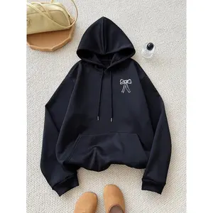 Women’s bow print drop shoulder thermal-lined drawstring hoodie; graphic casual hoodie; fashionable casual pocket hooded sweatshirt for daily wear, holidays, and outdoor activities; women’s clothing for fall and winter