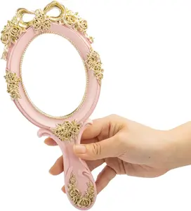 Rich Boxer Vintage Handheld Mirror Embossed Flower Hand Held Mirror Makeup Mirror Vanity Mirror Decorative Cute Hand Mirror (Pink)