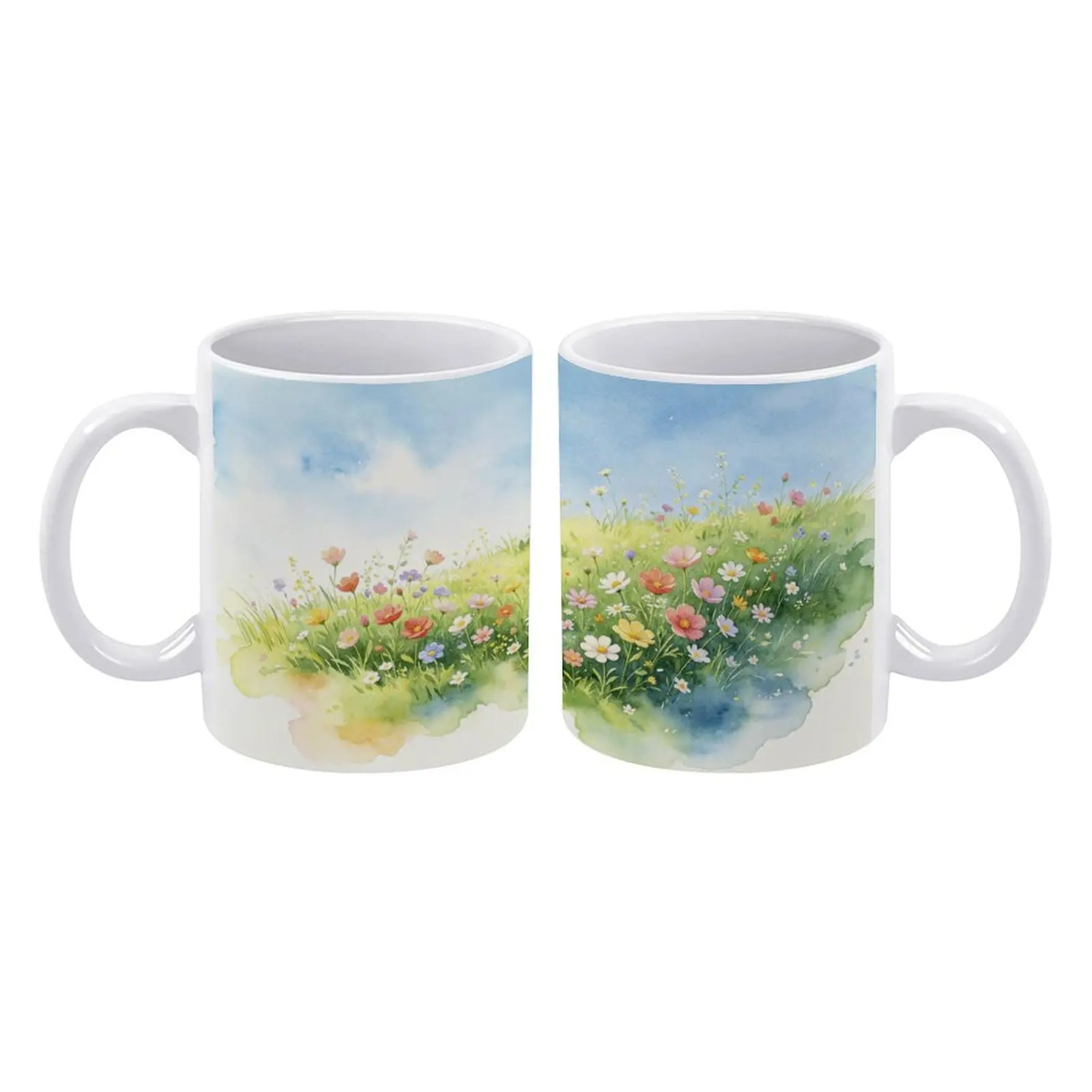 11oz Watercolor Wildflower Meadow Ceramic Mug | Aesthetic Floral Coffee Cup with Blue Sky | Cute Hand-Painted Style Flower Tea Cup Gift for Her Mom Coworker