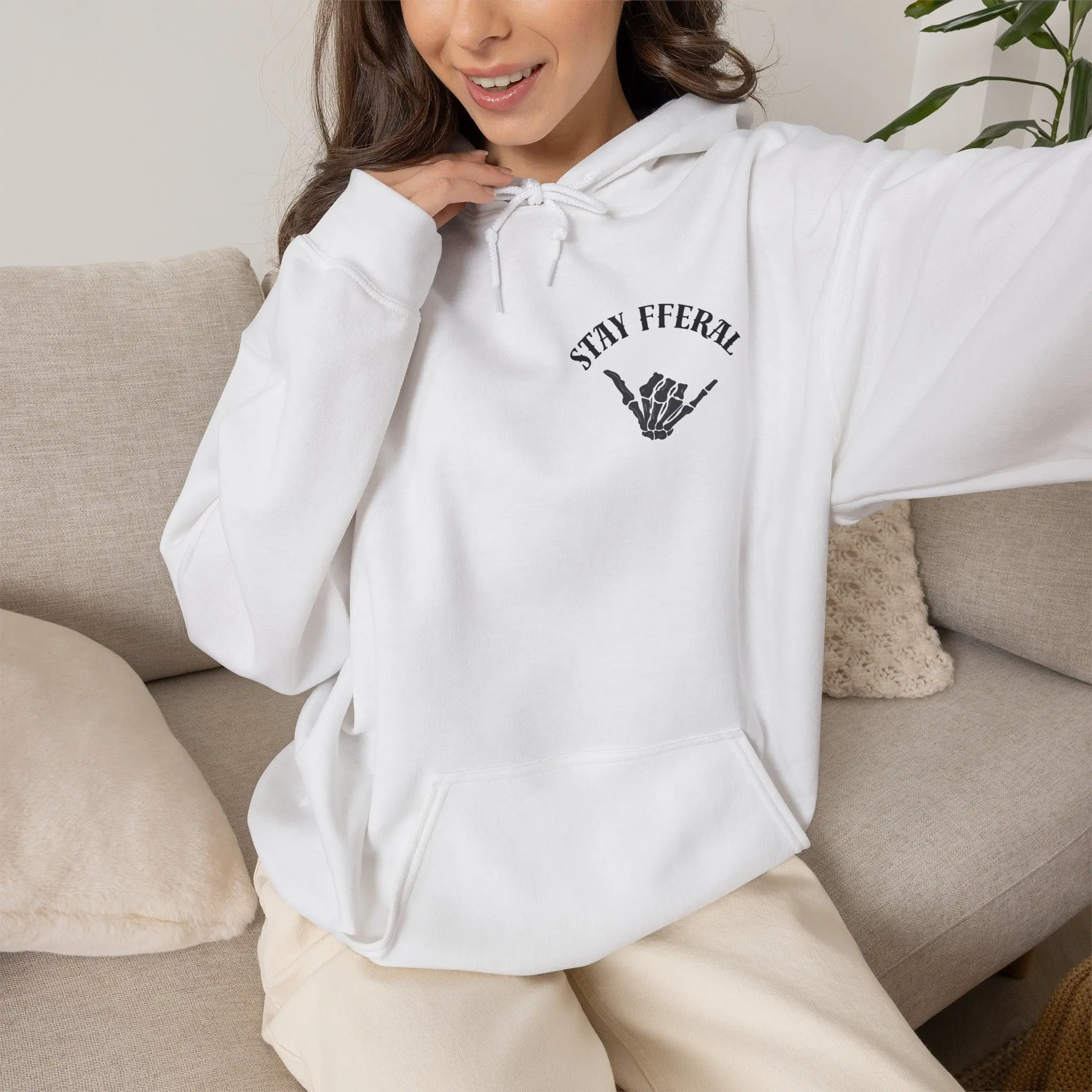 Stay Feral Skeleton Shaka Hoodie | White Pullover Sweatshirt
