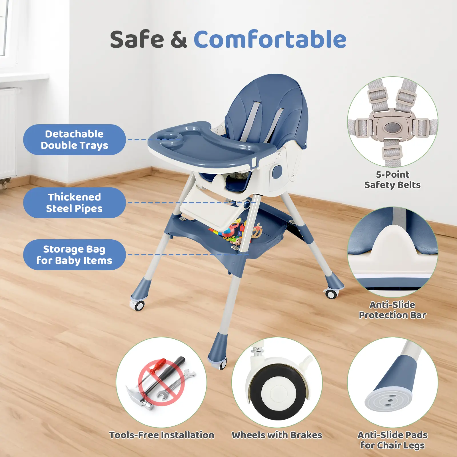 (With Wheels)High Chair For Children's,Multifunctional 3 in 1 Adjustable High Chair with Removable 3-Position Adjustable Tray, Stability Structure & 3-Point Safety Harness,Dining Room Furniture (With Wheels)High Chair For Children's,Multifunctional 3 in 1 Adjustable High Chair with Removable 3-Position Adjustable Tray, Stability Structure & 3-Point Safety Harness,Dining Room Furniture