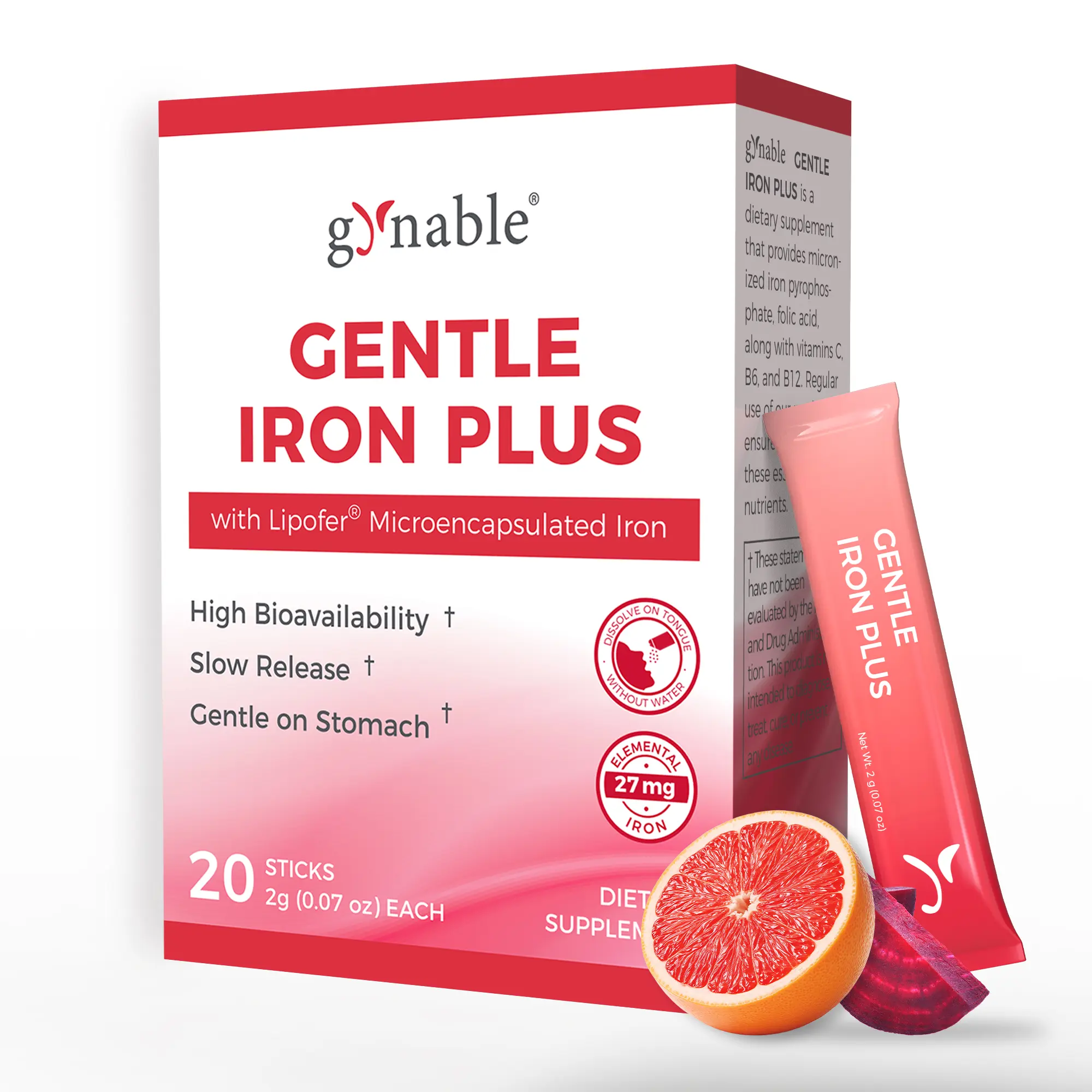Gynable Gentle Iron Supplement for Anemia & Iron Deficiency, 27mg Lipofer Microencapsulated Slow Release Iron, Direct-to-Mouth Powder Without Water, Vitamin C B6 B12 Folic Acid Beet Root for High Absorption, 20 Daily Sticks