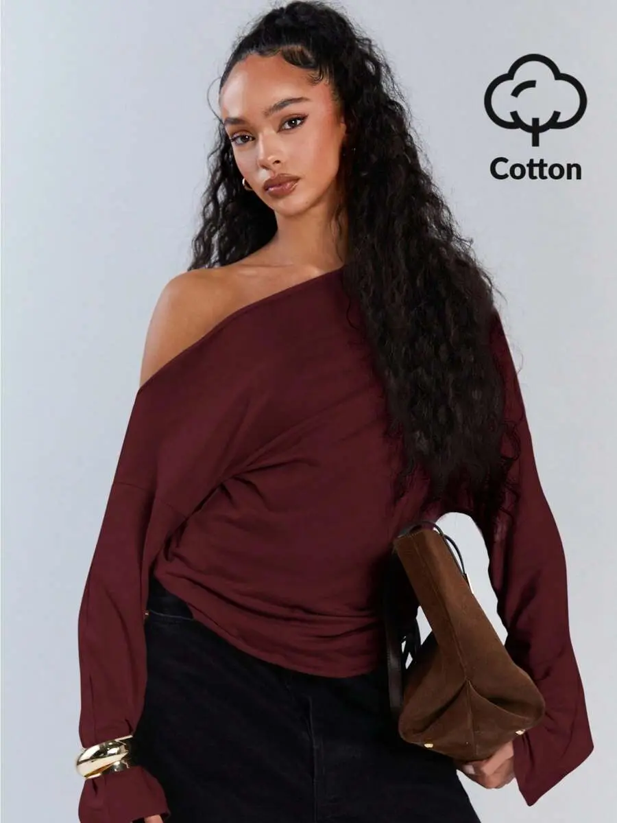 GRL Women Casual Solid Asymmetric Collar Drawstring Top, Autumn,Old Money Top, Modest,Airport