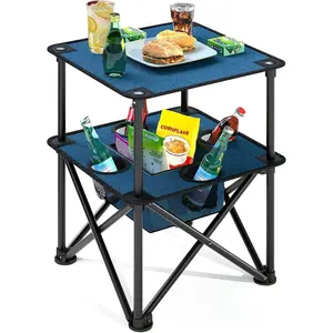 Folding Camping Table, Portable Outdoor Picnic Table, Lightweight Square Camp Table with Built-in 4 Cup Holders Food Basket and Travel Bag for Barbeque Beach Camping and Tailgate Blue our door chair packable