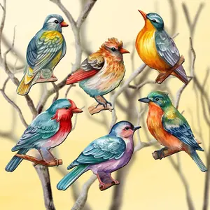 Designocracy 8090015C-S6 Miniature Forest Birds Decorative Wooden Clip-On Ornaments, 2x2x0.25 in., Set of 6 - Christmas Tree Decoration, Festive Home Gift
