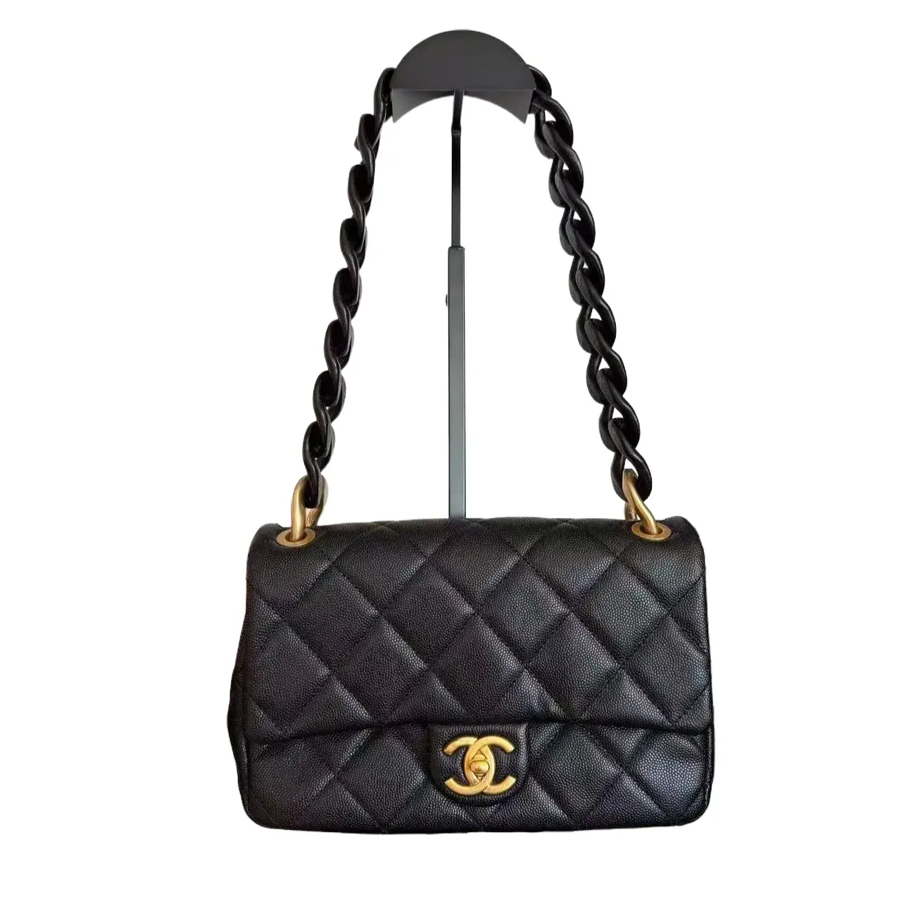 Pre-owned CHANEL Caviar Shoulder Bags 24P Funky Match Black Quilted Leather Flap Bag With Chunky Chain(UN***PH) CC1502