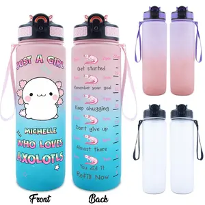 32oz Water Bottle, 1 Count Cute Cartoon Axolotl Pattern Sports Drinking Bottle with Time Scale, Leakproof Water Bottle for Outdoor Sports, Drinkware