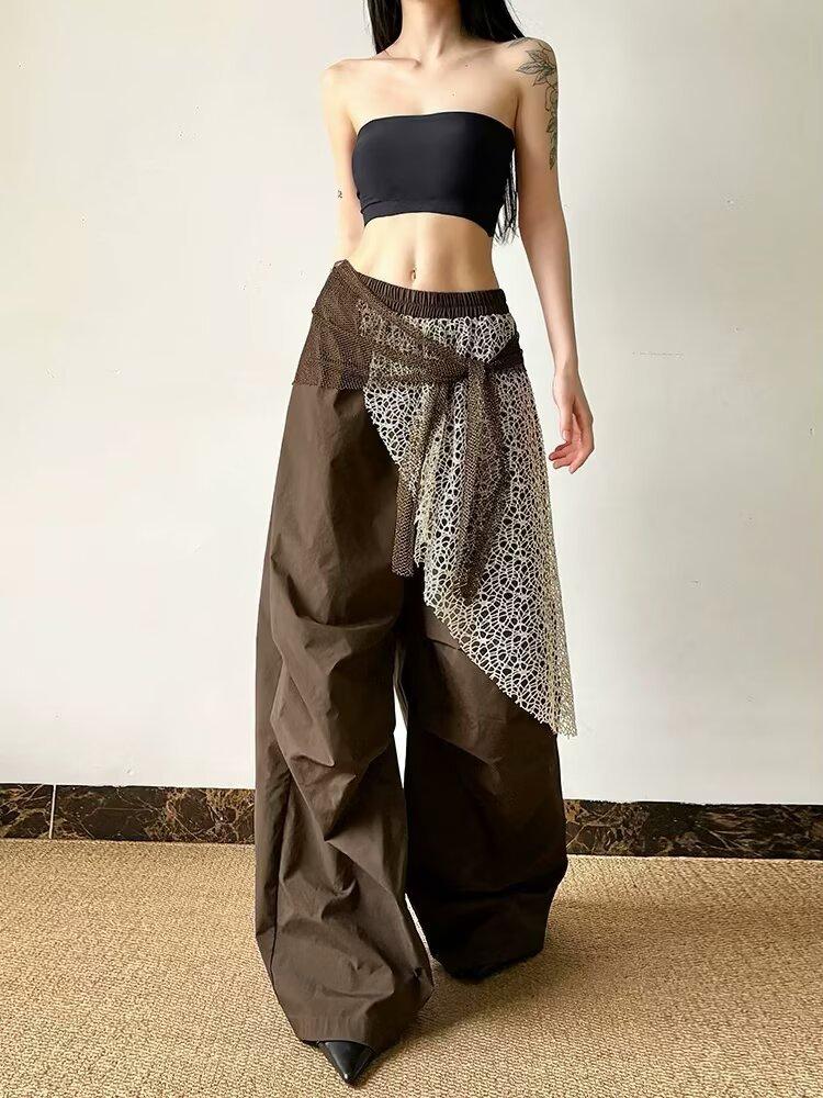 New Women's Streetwear-Style Faux Two-Piece Wide-Leg Pants Wrinkled Avant-Garde Design Slim-Fit Versatile Trousers Casual Cool-Gear for Everyday Street Style