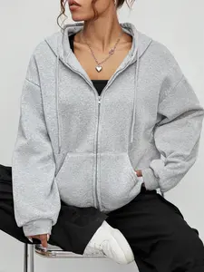 Women's Solid Color Fashion Loose-Fit Hooded Drawstring Zipper Sweatshirt, Fall & Winter Casual Kint Style, Thick Fabric Pullover Jacket