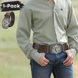 Unisex Western Genuine Engraving Leather Belt  for Men Women Cowboy Cowgirl Leather Belt With Detachable Buckle Vintage Belt for Men Women Jeans Birthday Gift