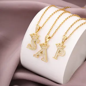 Crown 26 English Letters Necklace Simple Fashion Stainless Steel Clavicle Chain Girls Birthday Gift