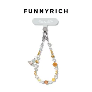 FUNNYRICH Handmade Phone Strap Charm 2WAY: Golden Glow Star Halo Sparkle Lanyard for All Cases & Honey Yellow Crystal Pearl Both Ears Phone Chain for Star Case - Glow in Dark Beaded Cell Phone Wrist Strap Trendy Gifts