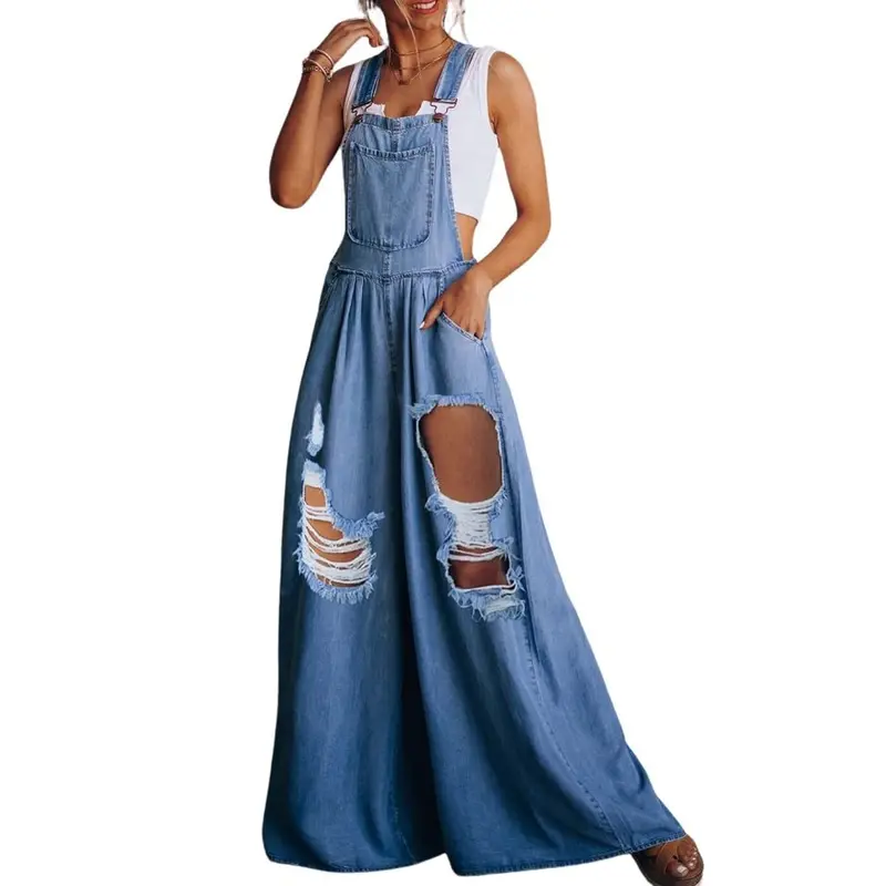 Chouyatou Women's Basic Solid Casual Wide Leg Denim Bib Overalls - Loose, Adjustable Strap, Comfortable, Lightweight, Pocketed for Hot Weather, Style, Outfits, Women's Fashion, Clothes, Jeans, Overalls For Women