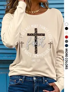 Women's Faith Cross Christmas Gift Graphic Print Round Neck Long Sleeve Fitted Casual Top, Soft Fabric, All Seasons Wear