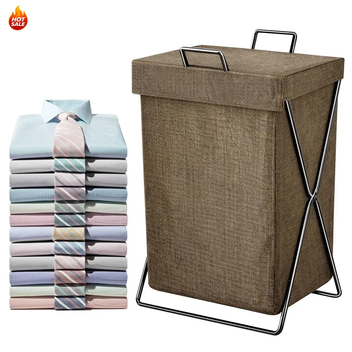 Coffee Color Foldable Canvas Laundry Basket with Lid - Iron Frame, Machine Washable, Space-Saving Dirty Clothes Organizer for Indoors Home Use, Bedroom