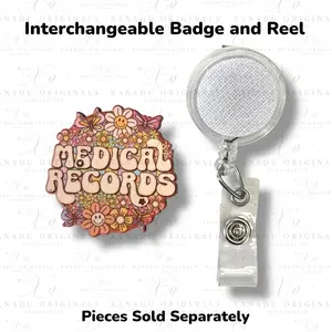Medical Records Retro Floral Interchangeable Badge Button with Reel Option