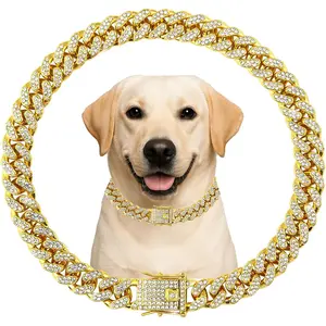 Dog Chain Designer Gold Crystal Pet Collar Cuban Link Chain with Secure Buckle Luxury Adjustable Necklacefor Small Medium Large Dogs Cats(Glod 14inch)