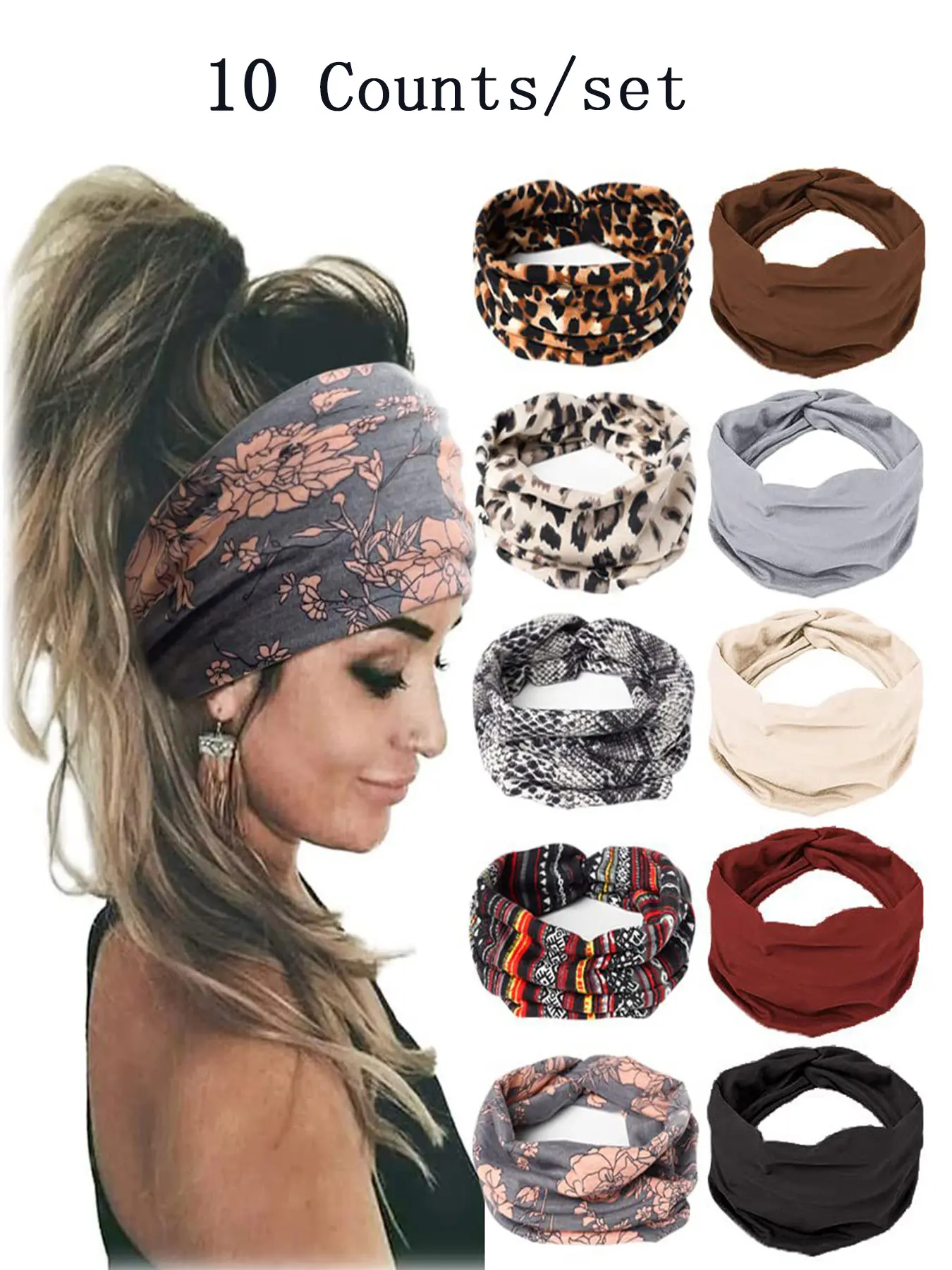 10pcs Boho Multicolor Printed Hairbands, Headband Set, Fashion Elastic Hair Bands, Running Yoga Sports Headwear, Daily Wear Accessories, Headbands Women, Workout Headband, Stretchy Headbands