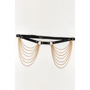 PU Belt with Chain - Black Design, Adjustable Fit, Includes Chain Strap, Versatile Accessory for Everyday Wear