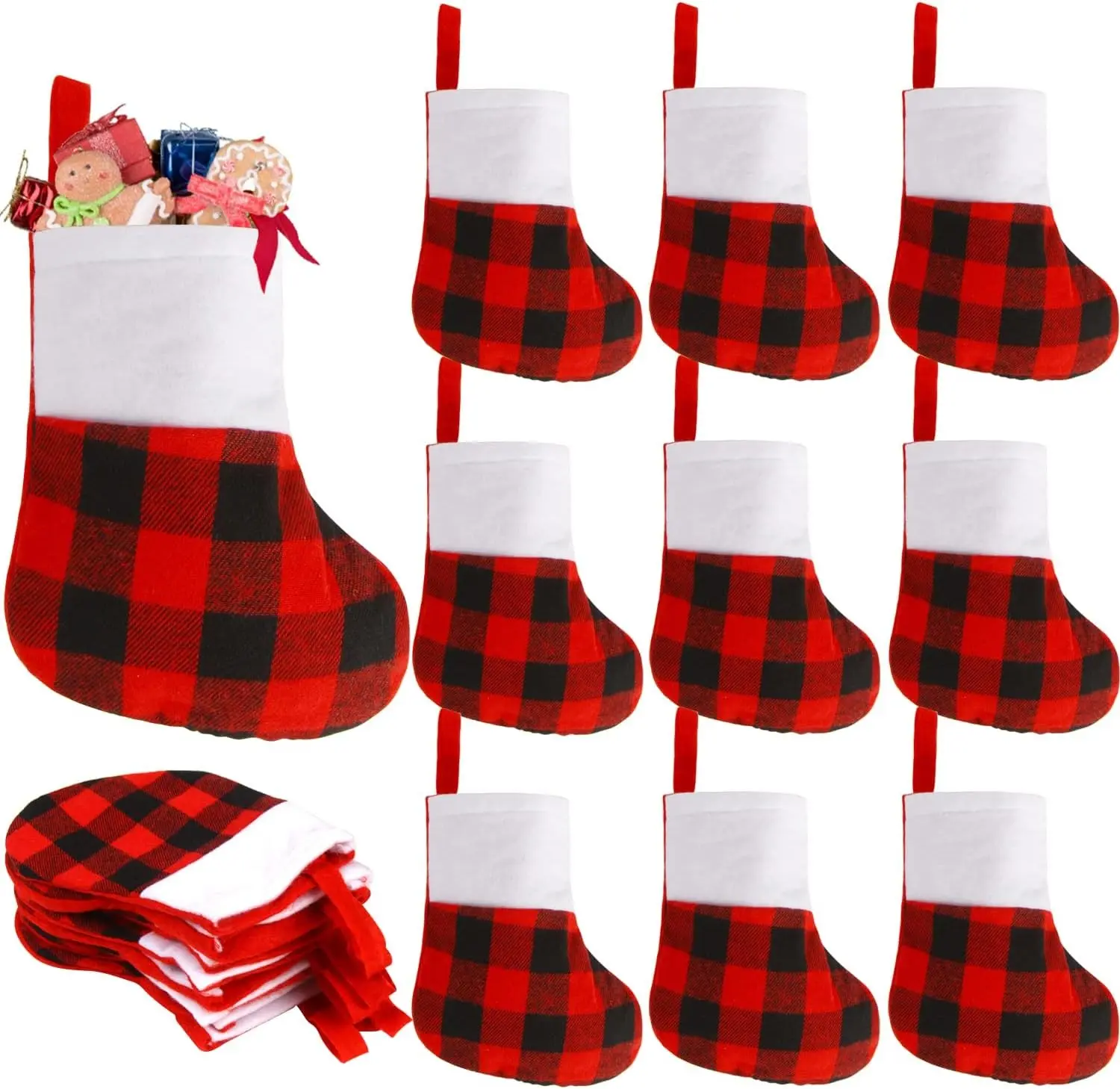 LOKIPA Small Christmas Stockings, 12 Pack Mini Christmas Stockings Red Buffalo Plaid Xmas Stockings Bulk with Plush Cuff for Christmas Tree Decor