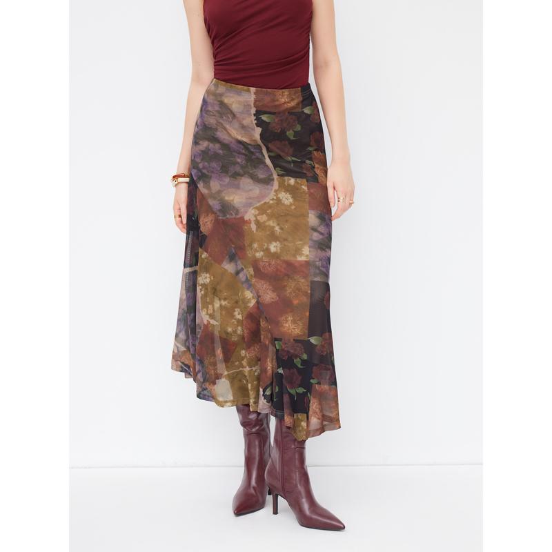 Cider Mesh Mid Rise Abstract Graphic Floral Asymmetrical Hem Maxi Skirt Cider Mesh Mid Rise Abstract Graphic Floral Asymmetrical Hem Maxi Skirt