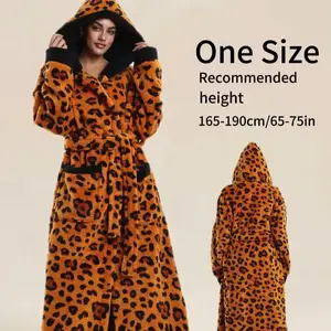 Elegant flannel leopard-print robe with hood, waist-cinching drawstring, pockets—suitable for both men and women; soft and comfortable loungewear GARMENTARY