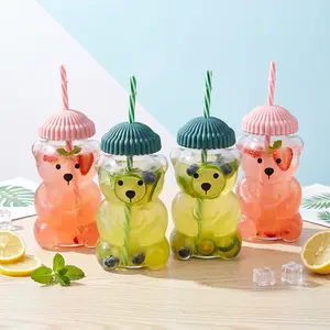 20oz Transparent High Borosilicate Glass Teddy Bear Straw Cup - Thermal Beverage Cup with Lid, Shatter-Resistant Kitchenware, Cute Daily Use, Sweet Birthday & Valentine’s Day Gift