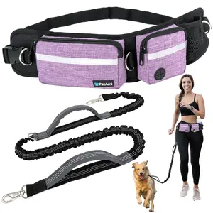 PetAmi Hands Free Dog Leash, Dog Running Leash Belt Bag for Walking, Jogging, Dog Waist Double Zipper Pouch with Poop Bag Dispenser, Dual Padded Handles Reflective Bungee Leash