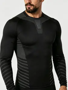 Men's Spring Autumn High Elastic Seamless Jacquard Fitness Sports Breathable Quick-Dry T-Shirt, Fashion Versatile Outdoor Wear