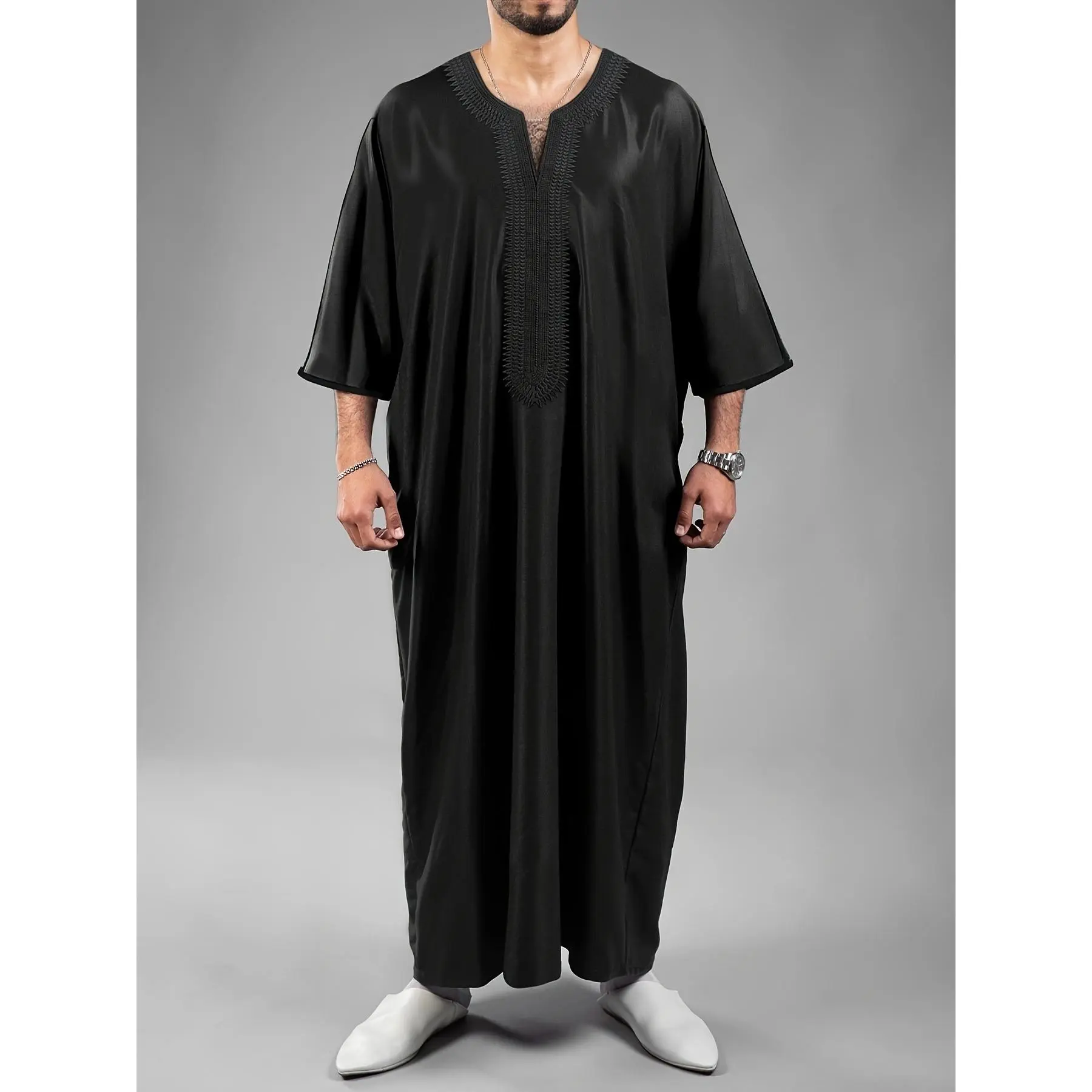 [Embroidered Kaftan] Embroidered Kaftan |   Men's Modest Arabian Traditional Islamic Attire - Long Sleeve, Round Neck, Loose Fit, All-Season, White with Brown Accents, Embroidered Chest Pocket, Nonstretch Fabric, Perfect for Casual or Formal Occasions