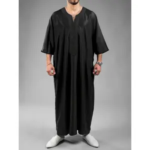 [Embroidered Kaftan] Embroidered Kaftan |   Men's Modest Arabian Traditional Islamic Attire - Long Sleeve, Round Neck, Loose Fit, All-Season, White with Brown Accents, Embroidered Chest Pocket, Nonstretch Fabric, Perfect for Casual or Formal Occasions