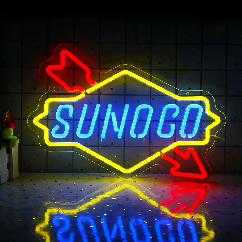 Sunoco Gasoline Motor Oil Neon Sign, High-Definition Bright LED Sign, Handmade, Suitable for Beer Bars, Bars, Men's Lounges, etc. (13.77*10.82 inches), Handmade Art, Artisan Style Light Signs