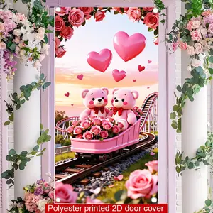 2D flat banner, 1pcWhimsical Pink Teddy Bears in Rose Cart Sunset Railway Backdrop, Floating Hearts & Greenery Scene Decor for TikTok Videosgalentines party decor, valentine day decor, decorations for valentines day