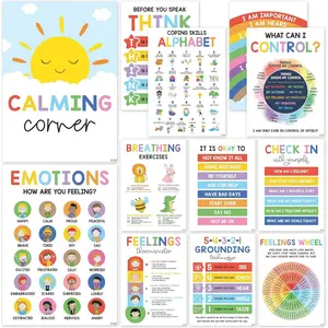 12 Calming Corner Classroom Posters (10x14'') - Feelings Wheel Chart & Emotions Poster For Kids, Calm Down Corner Supplies For Therapy Office Decor, Mental Health Wall Decorations For Preschool