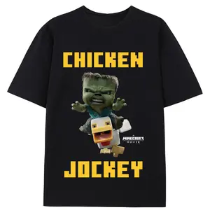 Minecraft Movie Chicken Jockey Baby Zombie Logo T-Shirt for Men Medium Size Classic Crewneck Style Cotton Tee Casual Menswear Streetwear Black