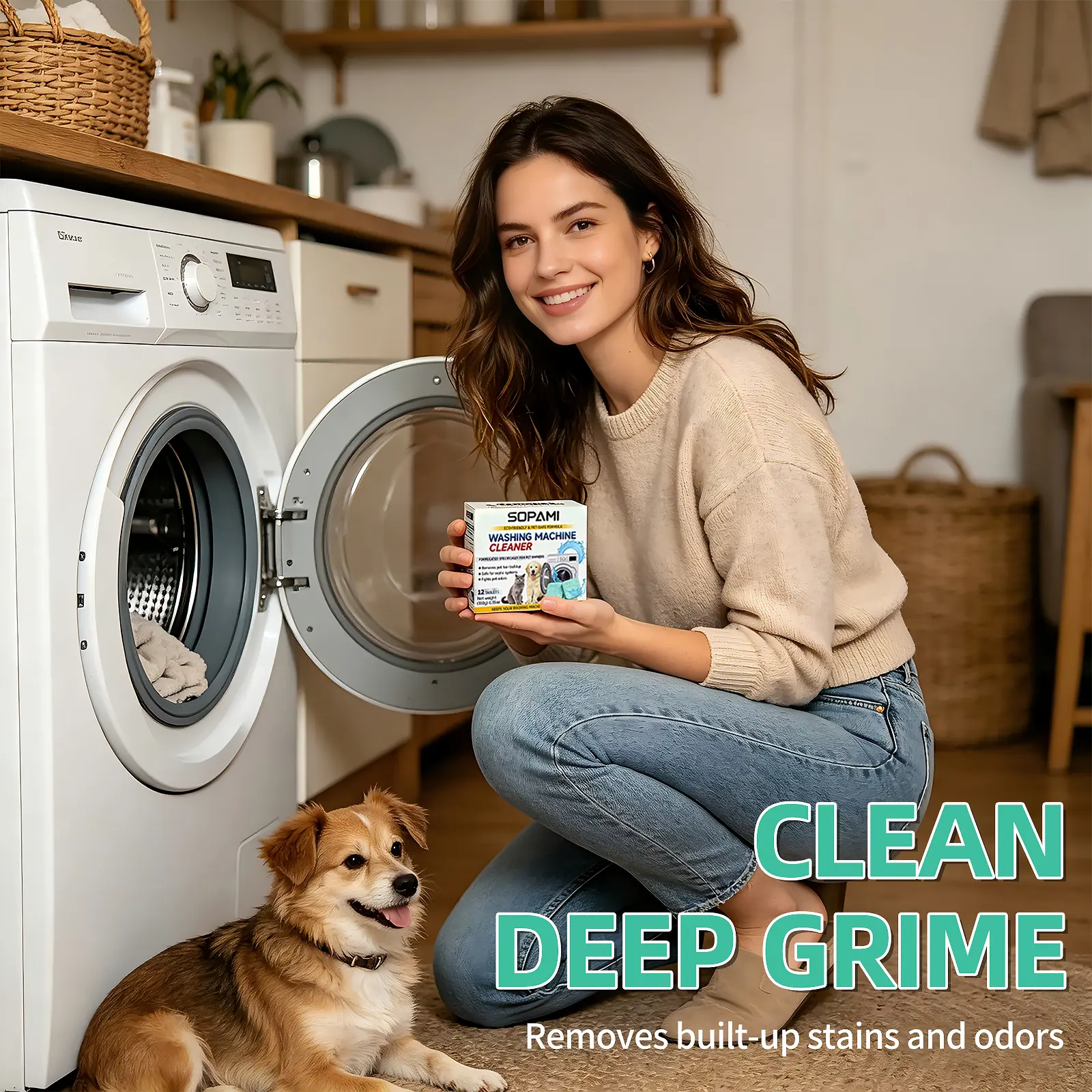 SOPAMI Washing Machine Cleaner Tablets 12 pack pet safe eco friendly cleaning tablets neutralizes pet related odors deep cleans grime keeps washing machine fresh easy to use