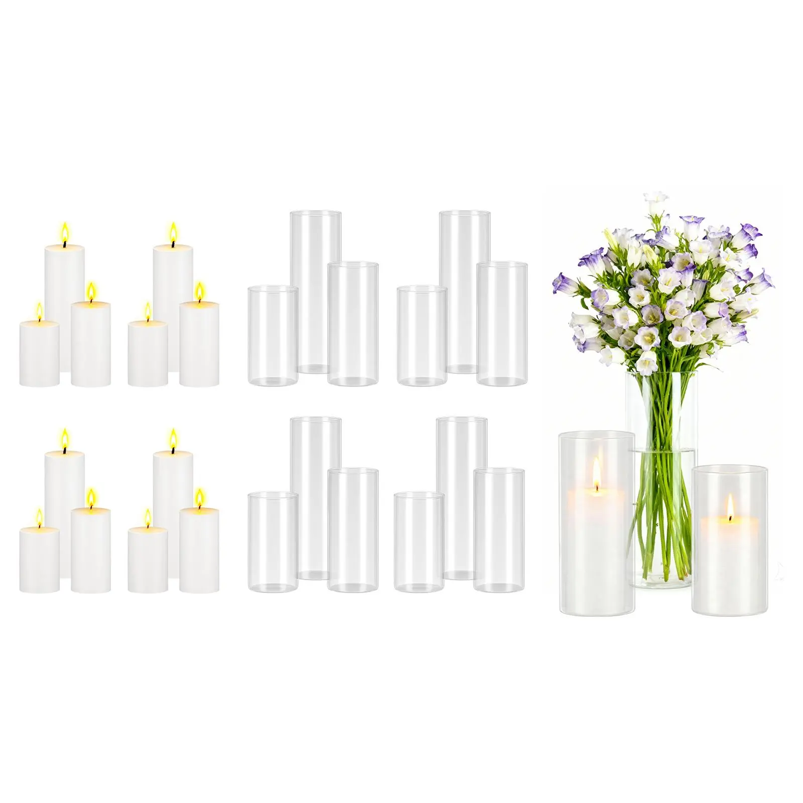 【SummerFinds】VEVOR Pillar Candles and Glass Vases Set 24 Pcs, Clear Cylinder Hurricane Candle Holders for Wedding Centerpieces, Tall Vase for Table Decor, Wedding Party, Thanksgiving,White (2.56" x 4.7",5.9",7.9")