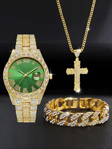3pcs Men's Fashion Watch Set with Necklace and Bracelet, High-Quality Quartz, Perfect Gift for Holidays and Special Occasions, Trendy Watch Set, Men Jewelry