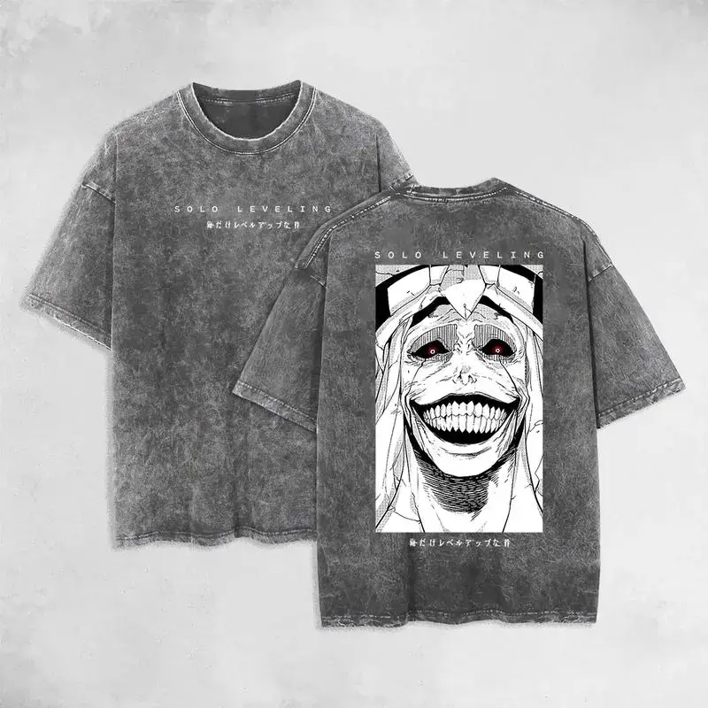 Unisex Solo Leveling God Statue Double Printed Short-Sleeve Round Neck Casual Heavy Cotton Washed Graphic Tee Top, Men's Summer T-Shirt, Anime Manga Book Merch, Trendy Streetwear Gift for Anime Fans