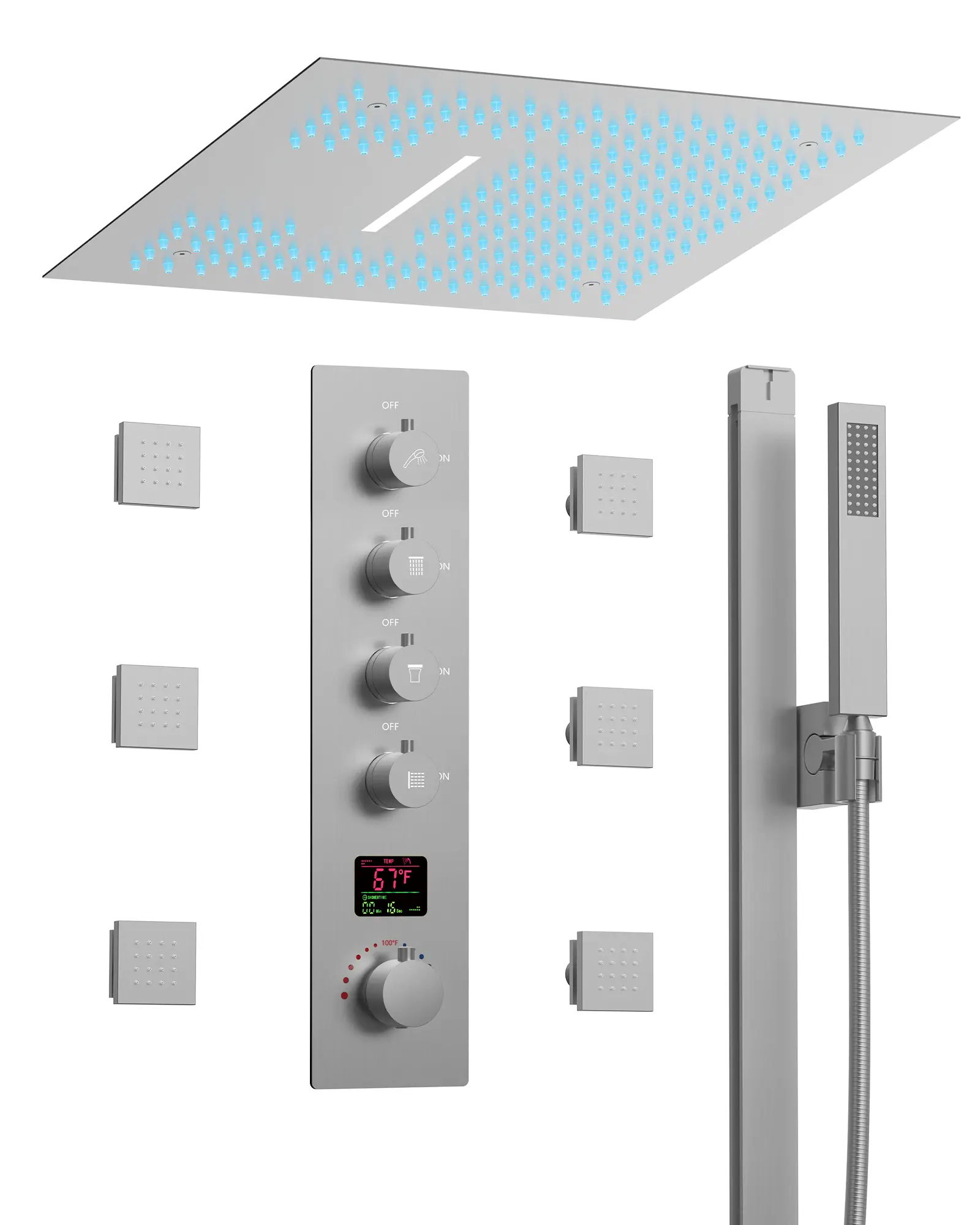 LED Shower Head Digital Shower System Slide Bar Hand Shower w/6 Body Sprays, Brushed Nickel, 16", With 4 Way Thermostatic Valve