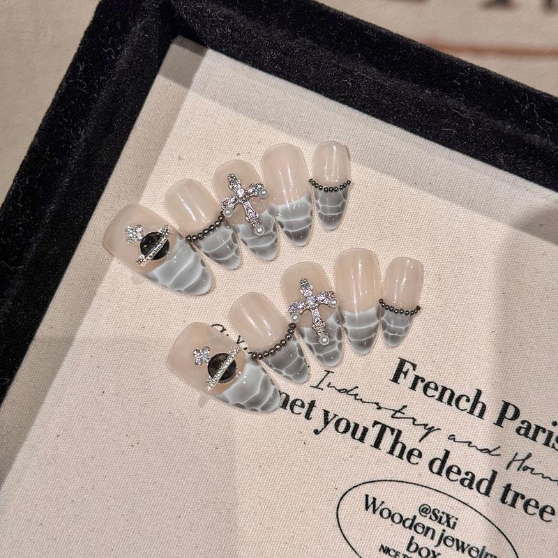 Cherry Press on Nails Almond Handmade Fake Nails with 3D Flower Bow Design Cute 10PCS False Nails Summer Stick on Nails for Women