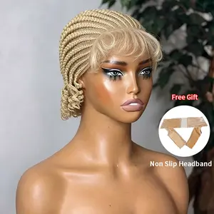 Synthetic Short Bob Braided Wigs With Curly Ends Cornrow Full Lace Front Wig With Baby Hair Colored Burgundy Wig 8Inch