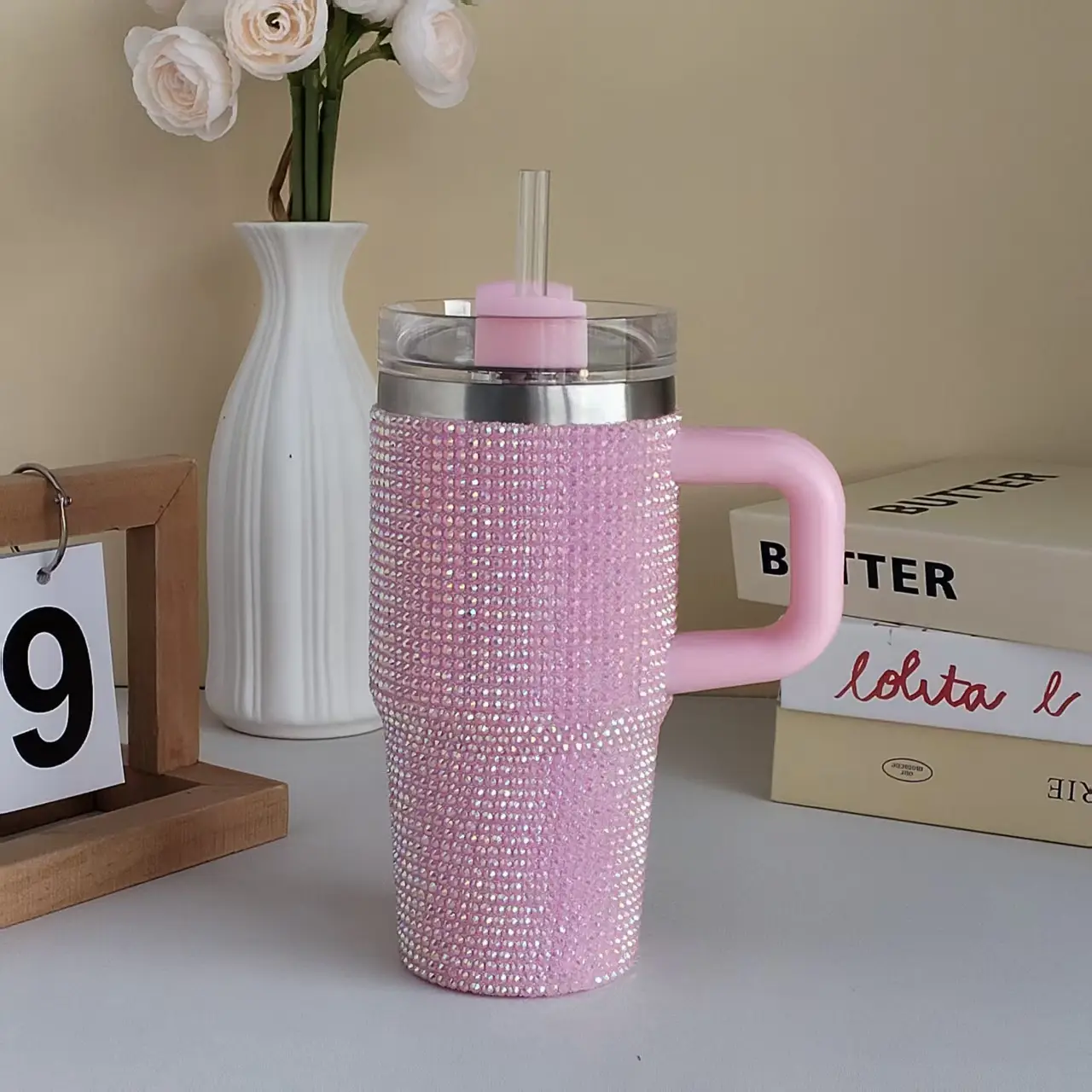 Portable Diamond-Proof Insulated Tumbler, Kitchen Drinkware with Flip Straw, Cup Holder-Fit Lid and Flask Compatibility, On-The-Go