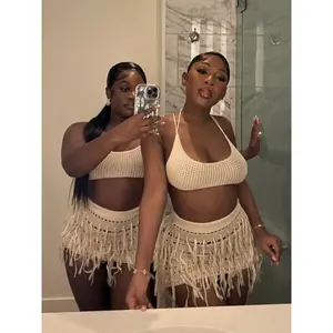 two-piece set woman Knit Crochet 2 Piece Set Women Sexy Halter Backless Vest and Tassels Mini Skirt Matched 2024 Summer Holiday Beach Outfits