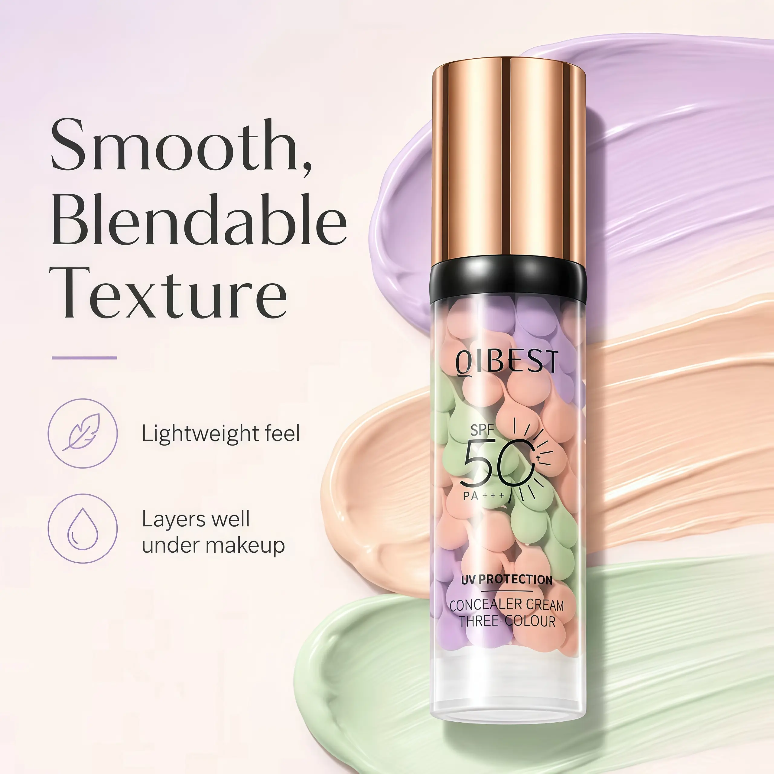 Qibest Triple Color Protection Makeup Primer Cream SPF 50, Moisturizing Hydrating Sunscreen, Oil Control, 3-in-1 Color Corrector, Waterproof & Sweatproof
