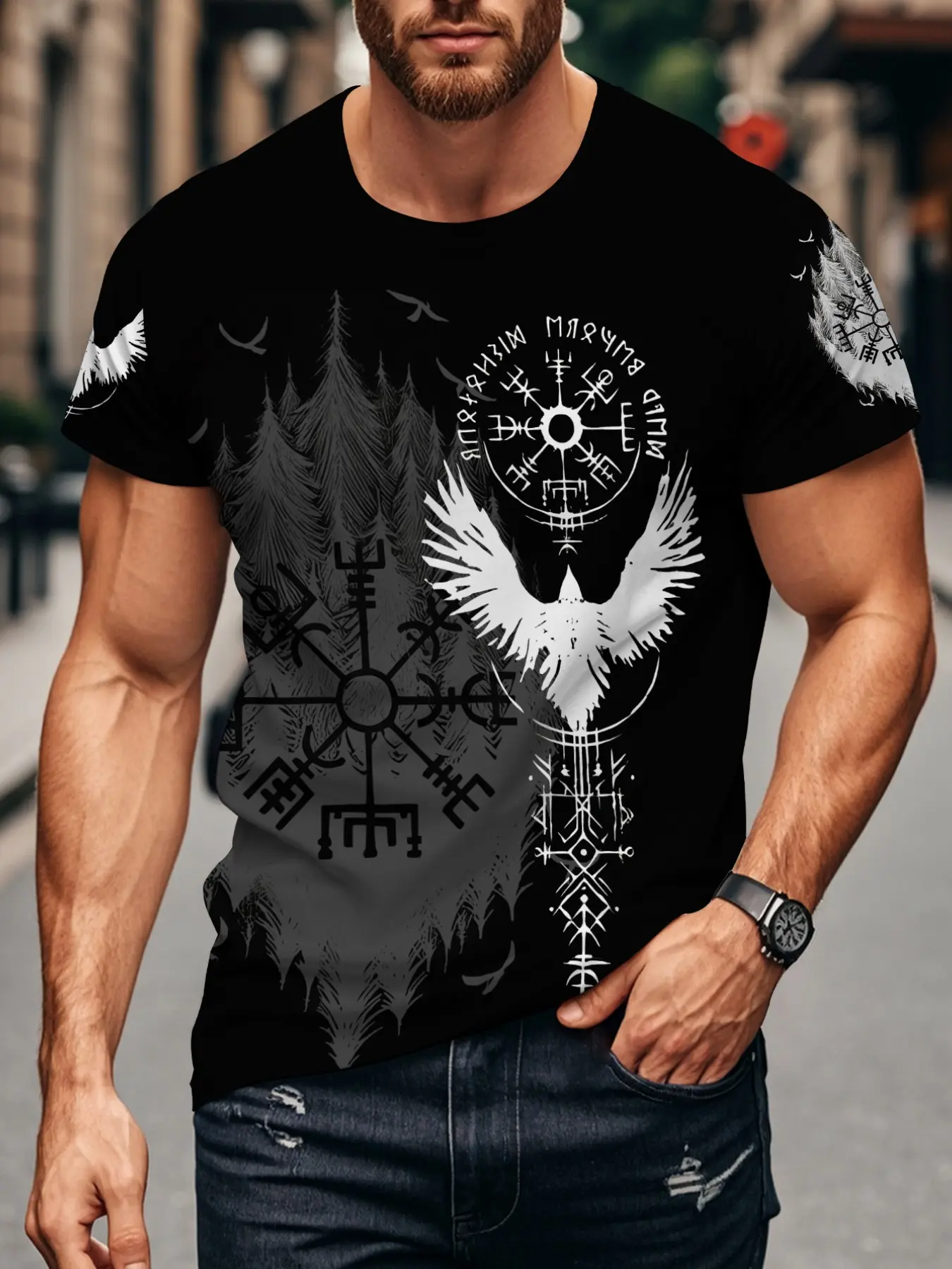 Viking Raven Symbol Men's T-Shirt, Menswear, Casual Summer Tees, Nordic Mythology Short Sleeve Fitted, Fashionable Comfort Design, Perfect Daily Wear, Ideal Gift Choice