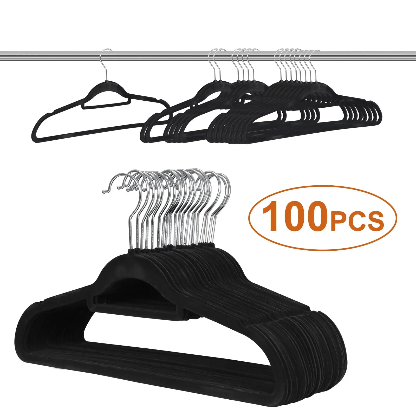 ZENY 100-Pack Black Shiny Velvet Plastic Clothes Hangers, Non-Slip Slim Space-Saver, 360-Swivel Hooks, Soft-Texture Accessory Hangers for Closet, Eco-Friendly Home Organizer Storage,summerwins