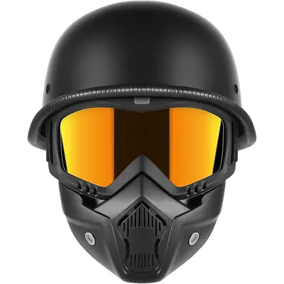 german motorcycle helmet with goggles Style Thin Skull Cap Half for Adult Men Women（Including and mask） Retro for Cruiser Scooter DOT Approve Novelty Half Shell Helmet Retro Face for Chopper（Bright XL） Cloth Draw String Bag Motobluez : German Goggles included.