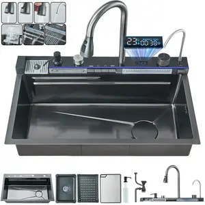 Senlesen 29.5x18 inch Stainless Steel Waterfall Kitchen Sink with Pull Out/Down Faucet Drop in Single Bowl Sink with Drain Assembly Accessories Flying Rain Mixer Faucet Modern