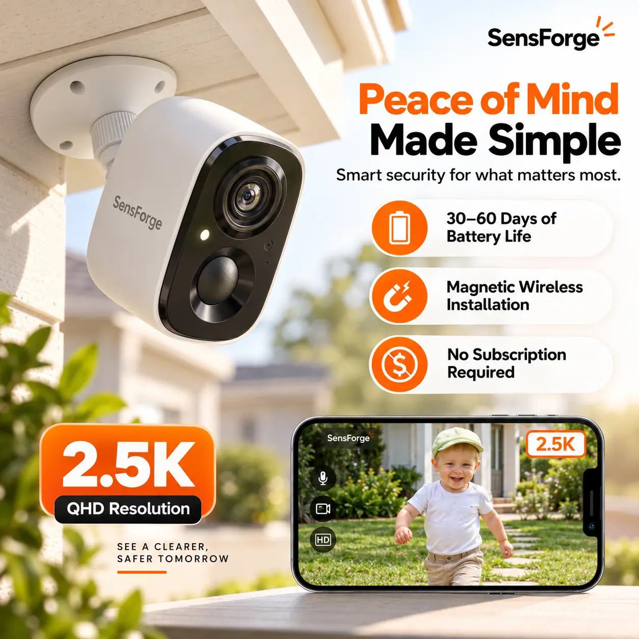 SensForge 2.5K Indoor Outdoor Battery Camera, Magnetic Quick-Fit Installation, 32GB SD Card Included, 2.4G WiFi IP65 Cam with AI Detection & 30–60 Days Long Battery Runtime